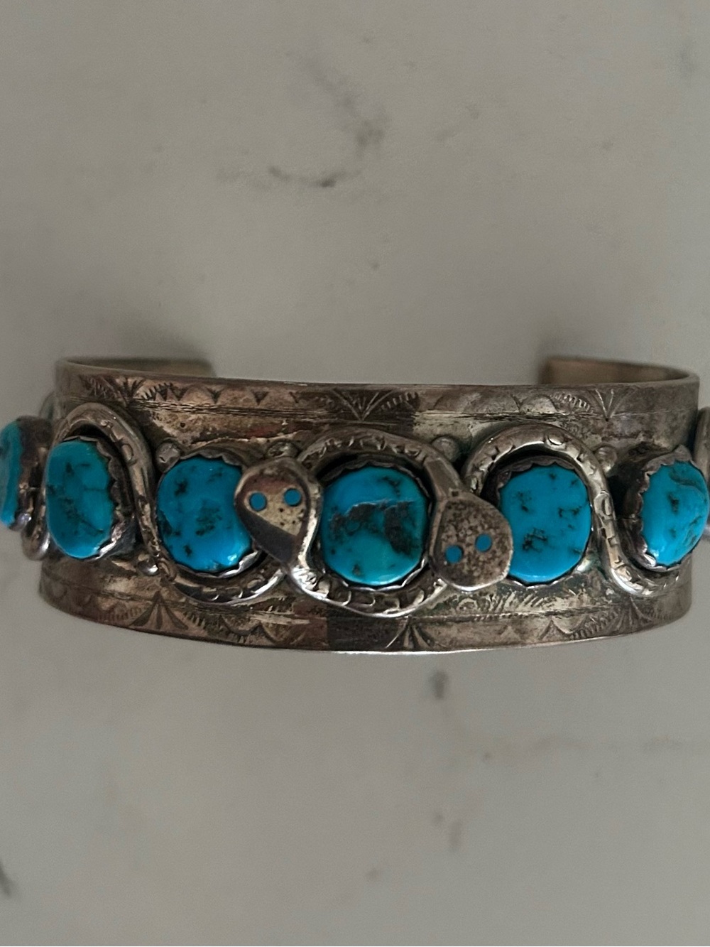 Effie C. Zuni Sterling Silver Turquoise Snake Cuff Bracelet - Picture 2 of 7